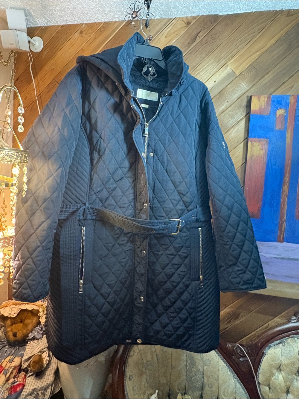 Michael Kors Navy Quilted Belted Hooded Puffer Jacket